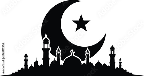 Flat design silhouette of star and crescent above ornate mosque skyline with multiple minarets and central dome facing viewer at sunrise sacred calm celebration ramadan eid