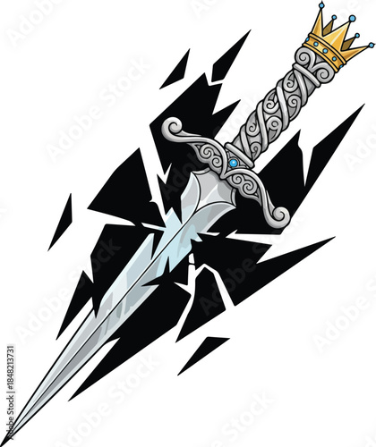 Ornate royal dagger with crown hilt, piercing through abstract geometric fragments, embodying strength, power, and victorious triumph.
