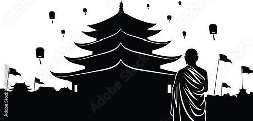 Silhouette vector low angle traditional pagoda temple with standing monk looking at floating lanterns and festival flags black and white scene back view close foreground calm