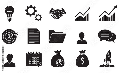 Comprehensive collection of business, finance, and marketing related black silhouette icons