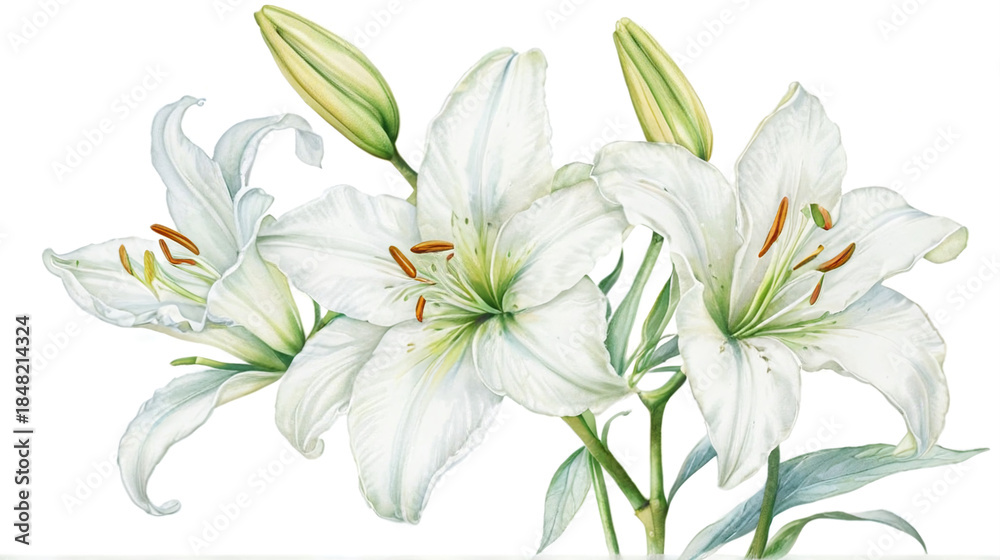 Fototapeta premium Elegant Watercolor White Lilies Botanical Illustration