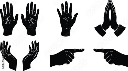 Flat design silhouette icon set showing six black hand gestures including open palms raised hand praying hands cupped hands and pointing left and right isolated vector