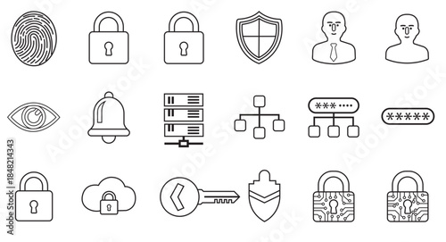 Cyber Security and Privacy Line Icon Set with Lock, Shield, Password, Data Protection, Authentication, Network Security and Access Control Icons