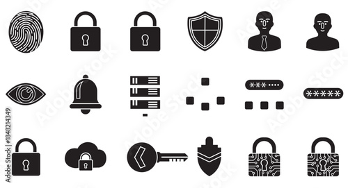 Set of 20 black and white line icons for cybersecurity, data protection, encryption, and secure access in digital and web interface design
