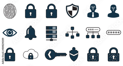 Set of 20 cybersecurity line icons representing data protection, encryption, access control, and digital security for apps and web interfaces