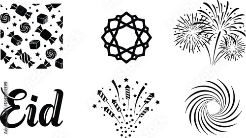 Flat icon set festive eid celebration icons showing crescent and star fireworks confetti decorative pattern calligraphic lettering black silhouette stamp style isolated square layout vector minimal