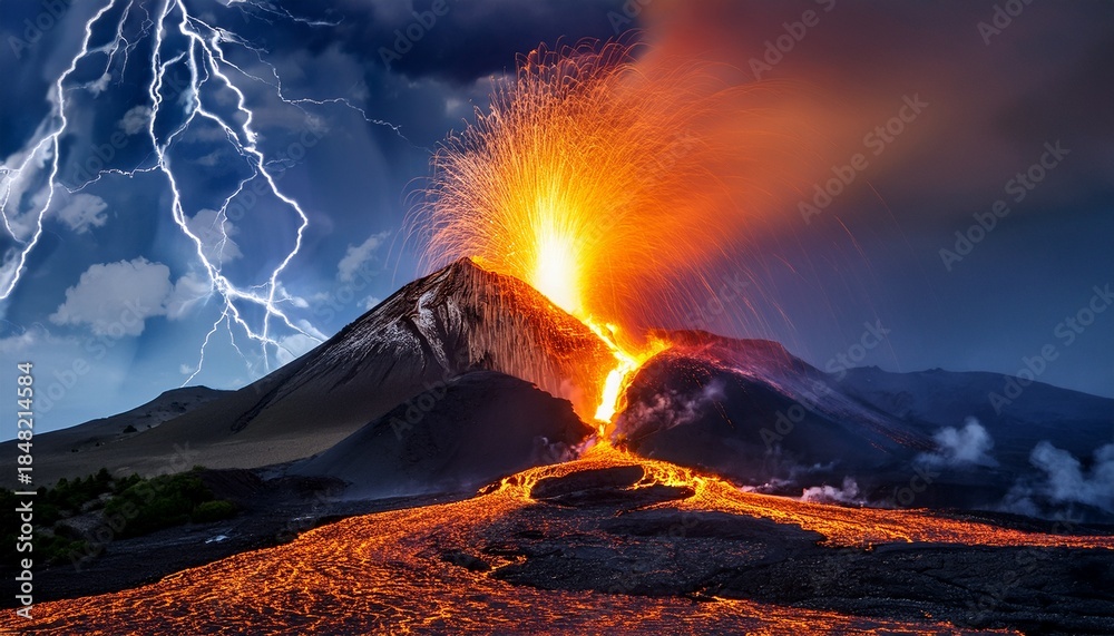 Fototapeta premium volcanic eruption with lava and lightning strikes volcano