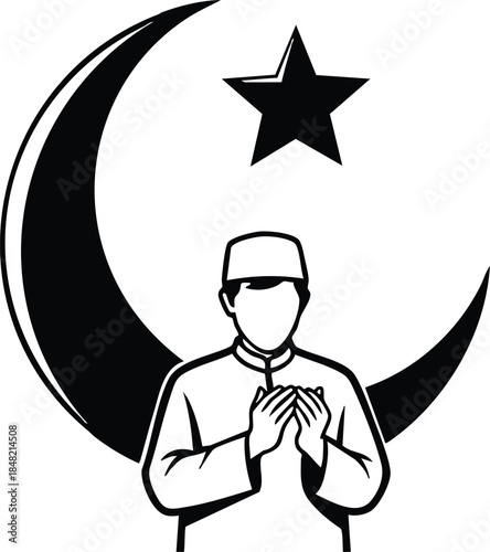 Line art central crescent and star with praying male figure hands clasped at chest looking forward minimalist religious icon in black silhouette clean isolated vector graphic