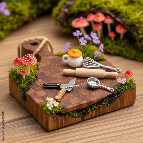 Miniature kitchen scene on wooden cutting board prop