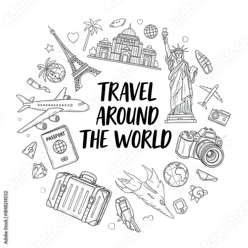 Wallpaper Mural intricate black ink doodle icons (eiffel tower, airplane, passport, camera) for global travel scattered around centered "travel around the world" text on a transparent background, flat lay. concept Torontodigital.ca