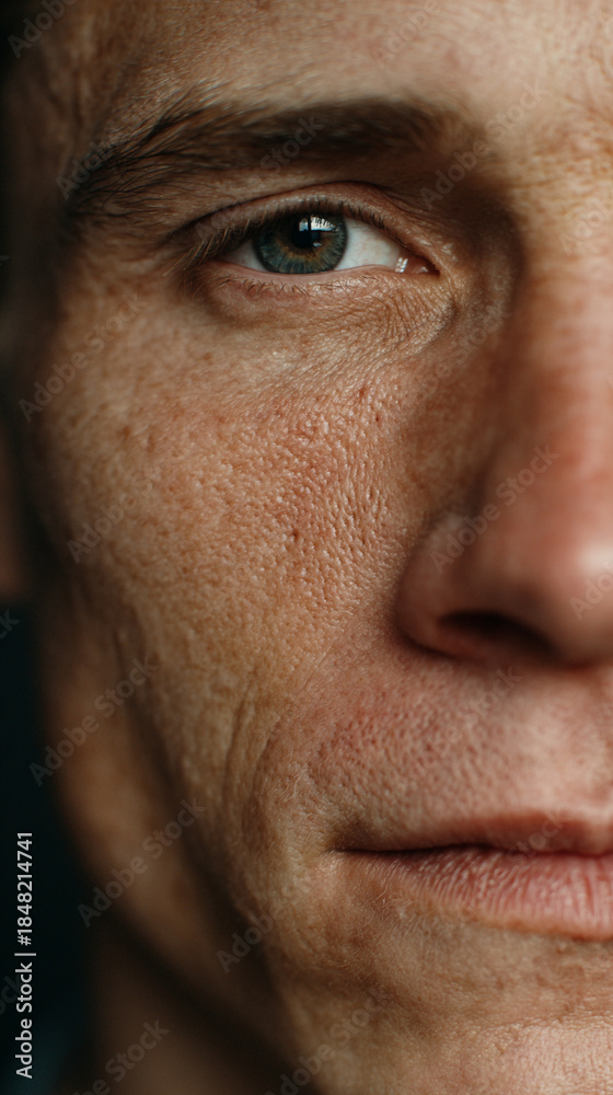 Fototapeta premium Mature male face closeup showing detailed skin texture and eye area. Realistic pores and fine lines for skincare, aging, and dermatology concepts.