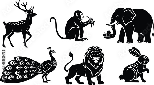 Silhouette vector close up black animal icons deer peacock lion elephant monkey rabbit arranged in two rows isolated on white background flat design simple modern studio