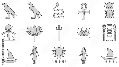 Set of 16 ancient Egyptian line icons representing mythology, royalty, religion, and culture for digital design, education, and historical projects.