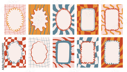 Groovy poster collection featuring checker patterns, stripes and flowing waves with whimsical hand drawn frames. Retro trippy look perfect for modern decor, branding, prints.
