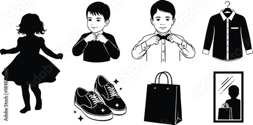 Flat icon set showing child dancing two boys adjusting collar polished shoes shopping bag shirt on hanger and mirror reflection minimal silhouette monochrome simple vector icons