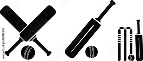 Sport of cricket, wicket bat. Cricket bats, balls, stumps and bails vector illustration silhouette icon set. 