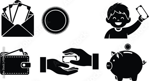 Flat design icon set close up monochrome finance saving icons envelope cash wallet hands giving coin piggy bank child holding mobile phone app web interface clean
