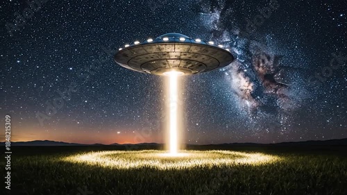 Wallpaper Mural Ufo spaceship with light beam illuminating grassy field under starry night sky galaxy Torontodigital.ca