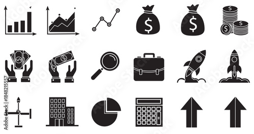 Business and Finance Icon Set with Growth Charts, Money, Analytics, Startup, Investment, Marketing, SEO, Profit, Strategy and Success Symbols