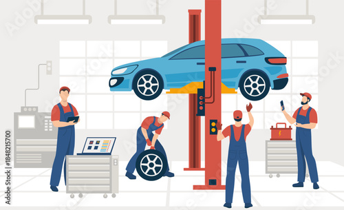 Auto service and repair. Auto mechanics checking and fixing vehicle. Automobile maintenance at workshop.