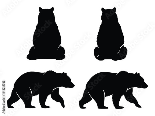 Black silhouettes of bears in various poses against a white background