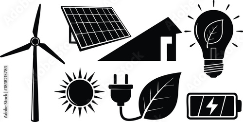 Flat design close up renewable energy icon set showing wind turbine solar panel rooftop light bulb leaf plug and battery in monochrome silhouette vector scalable simple