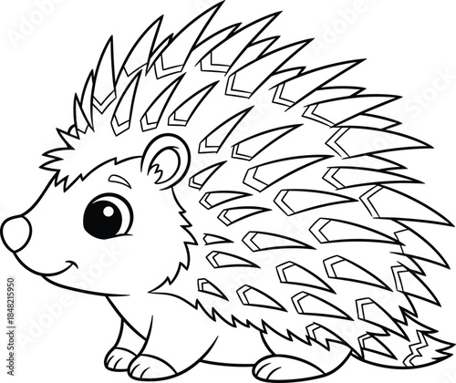 Cute hedgehog cartoon line art illustration with detailed spines, friendly smiling animal character for kids coloring, nursery decor, and wildlife education