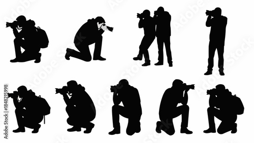 Silhouettes of photographers capturing moments in various poses and settings