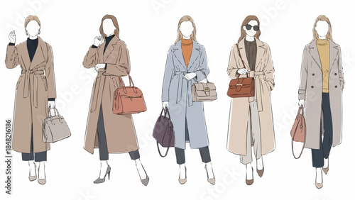 Elegant women in stylish coats and accessories walking confidently