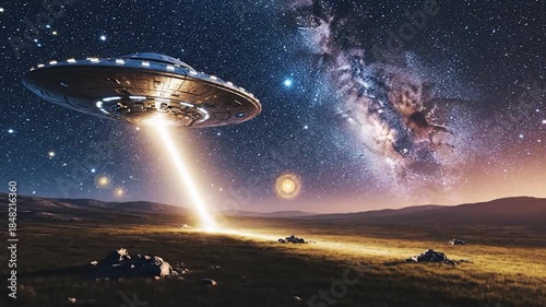 Unidentified flying object hovers over alien landscape at night with galaxy background
