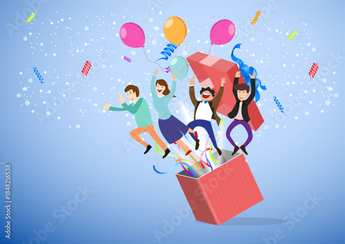 cheerful male and female characters jump out of gift boxes surprise friends your best gift. Flat style cartoon illustration vecto