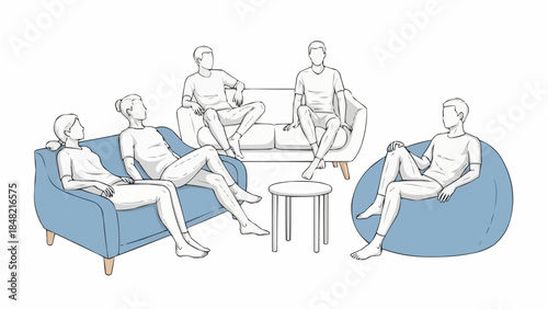Group of people relaxing on modern furniture in casual setting