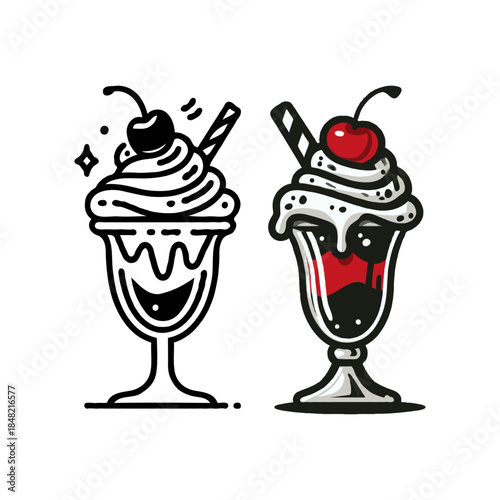 Two cartoon-style ice cream sundaes in tall glasses with whipped cream, cherries, and straws, shown on a clean white background, concept of sweet dessert