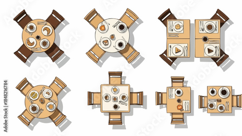 Variety of dining table settings with food and drinks