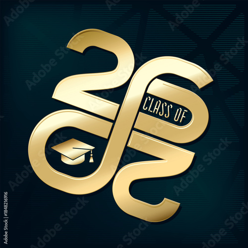 Class Of 2026 Flat Glossy Gold Logo with Numerals Making Mobius Loop Square Academic Graduation Cap Sign and Lettering - Golden on Holographic Style Background - Gradient Graphic Design