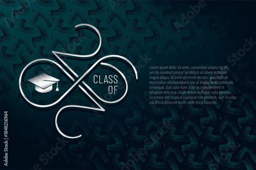 Class of 2026 Metallic Silver Style Numerals Logo with Numbers Making Mobius Loop Square Academic Graduation Cap Sign and Lettering - Chrome on Turquoise Background - Gradient Graphic Design