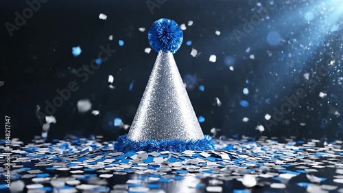 Vibrant blue and white confetti falling in a dazzling shower creating an abstract celebration background