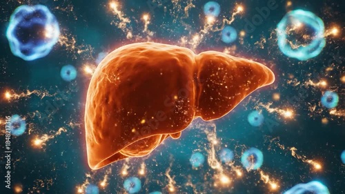 Vibrant human liver with energy flow and microscopic elements