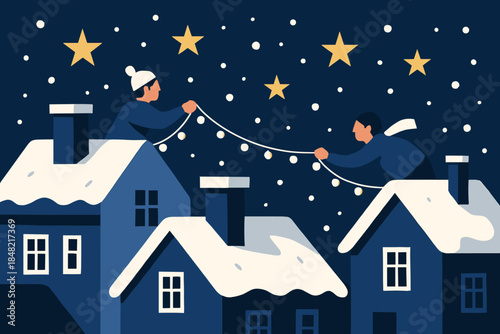 Festive Rooftop Lights. Festive rooftops. Residents stretch bright lights across chimneys; soft flakes swirl