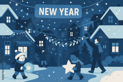 Snowy New Year Festivities. Snow-covered town preparing joyful New Year decorations. Cozy streets sparkle as