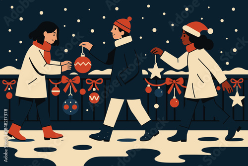 Festive Bridge Decorations. Decorated bridges. People tie ribbons and ornaments along railings; snow gathers