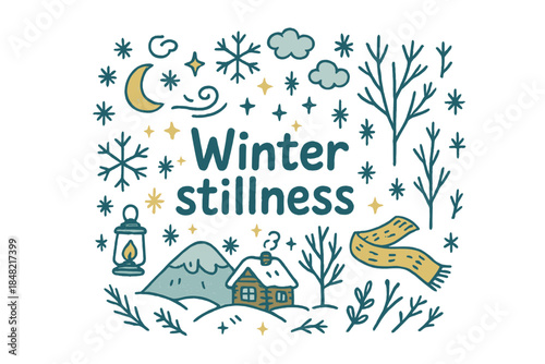 Winter Stillness Doodle. Winter stillness. Hand-drawn doodle illustration of Winter stillness. Snowflakes,