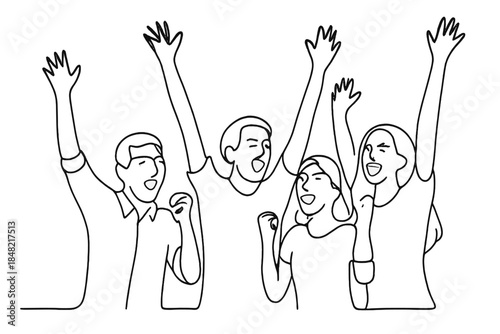 Cheering Friends Celebration. Friends cheering loudly at the final second. Minimalistic one-line drawing group