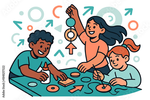 Creating Dream Charms. Assembling mixed-material “Dream Charms”. Children glue felt, wood, and thread into