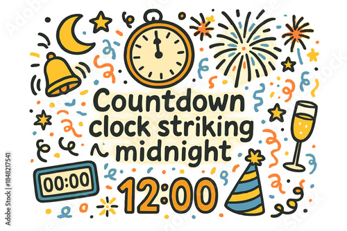 Midnight Countdown Festivities. clock striking midnight. Hand-drawn doodle illustration of Countdown clock