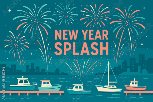Harbor Fireworks Spectacle. Harbor New Year Fireworks. Boats line the dock as vibrant arcs streak across the