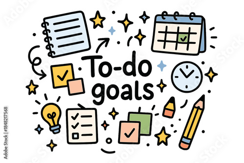 Doodle To-Do Goals. To-do goals. Hand-drawn doodle illustration of To-do goals. Notebook, checklist, calendar,