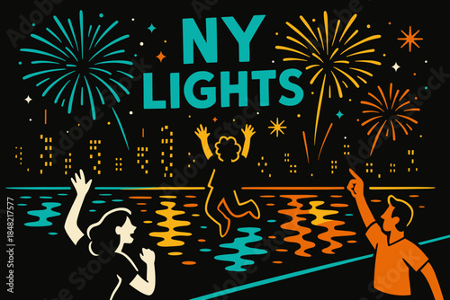 Vibrant Night Reflections. Skyline Reflections. The river mirrors vibrant explosions while silhouettes cheer