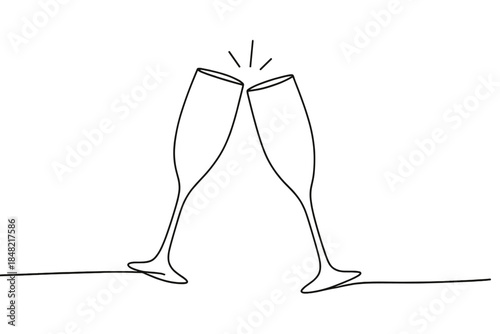 Champagne Clink Illustration. Celebratory champagne clink at midnight. Minimalistic one-line drawing slender