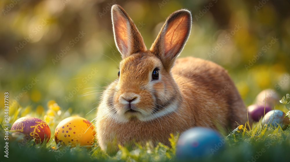 Fototapeta premium Easter Bunny in Garden: A charming bunny amidst an Easter egg hunt in a vibrant garden, embodies the joy and playful spirit of the spring holiday.
